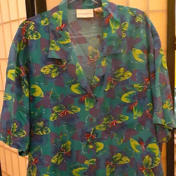 Elisabeth Liz Claiborne Silk Green Blue Tropical Print Button Down Blouse 18 - Picture 1 of 10